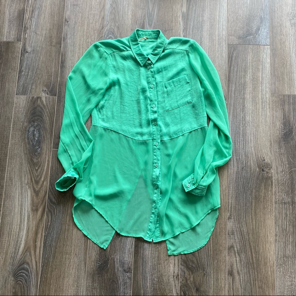 Free People green half sheet split back shirt